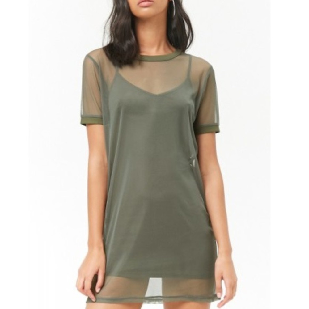 Forever 21 Sheer Mesh T-Shirt Dress - Olive